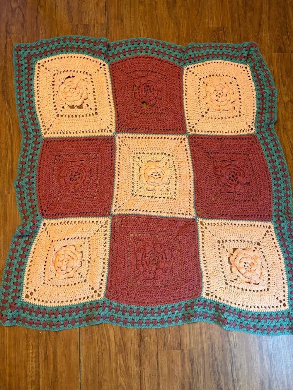 Vtg Granny Afghan Blanket 3D Flower Power Handmade Crochet 49X47” Cottagecore
